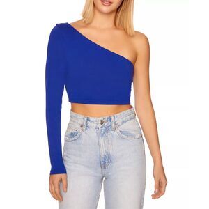 Susana Monaco One Shoulder Crop Top Long Sleeve in Glacier Size L